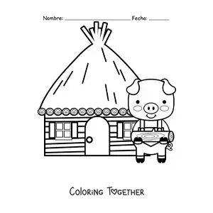 Coloring page of one of the three little pigs with his wooden house