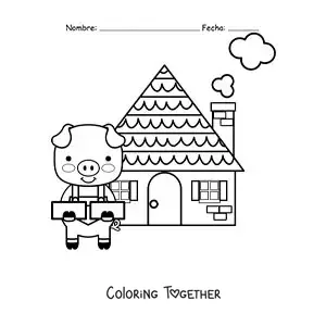 Coloring page of one of the three little pigs with his brick house