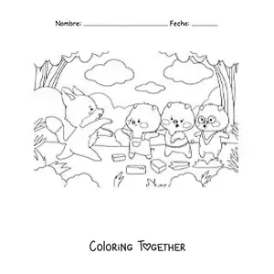 Coloring page of the three little pigs running away from the wolf