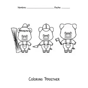 Coloring page of the three little pigs building their houses