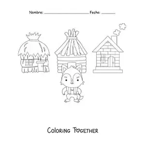 Coloring page of the big bad wolf knocking down the three little pigs' houses
