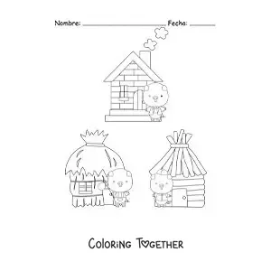 Coloring page of the three little pigs and their houses