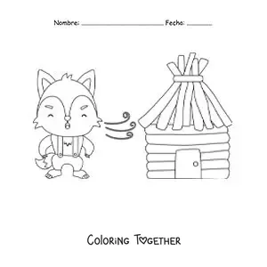 Coloring page of the big bad wolf blowing down the wooden house
