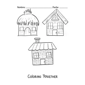 Coloring page of the three little pigs' houses