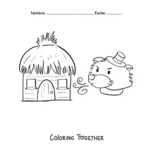 Coloring page of the big bad wolf blowing down the straw house