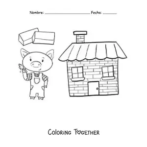 Coloring page of one of the three little pigs building his brick house