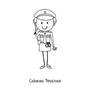 Coloring page of a cartoon female police officer with a pair of handcuffs