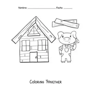 Coloring page of one of the three little pigs building his wooden house