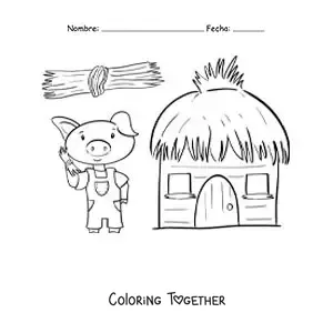 Coloring page of one of the three little pigs building his straw house