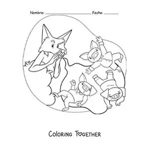 Coloring page of the big bad wolf blowing at the three little pigs