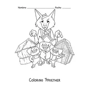 Coloring page of the big bad wolf ready to knock down the three little pigs' houses