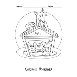 Coloring page of the three little pigs hiding from the wolf in the brick house
