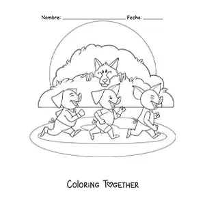 Coloring page of the big bad wolf chasing the three little pigs from the tale