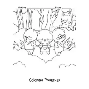 Coloring page of the big bad wolf stalking the three little pigs in the forest