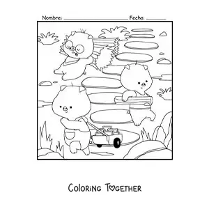 Coloring page of the animated kawaii three little pigs building their houses