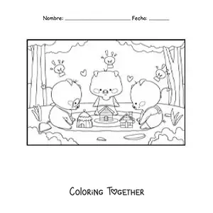 Coloring page of the 3 kawaii little pigs building their houses in the forest