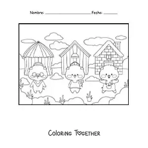 Coloring page of the three animated little pigs and their houses
