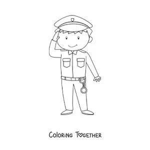 Coloring page of a cartoon police officer in uniform