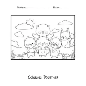 Coloring page of the family of the three little pigs and the wolf