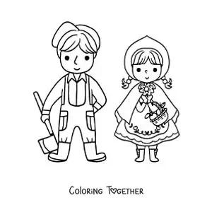 Coloring page of Little Red Riding Hood and the woodcutter