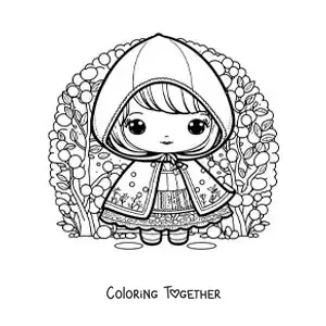 Coloring page of kawaii Little Red Riding Hood in the forest