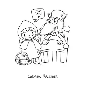 Coloring page of animated Little Red Riding Hood with the wolf disguised as grandma