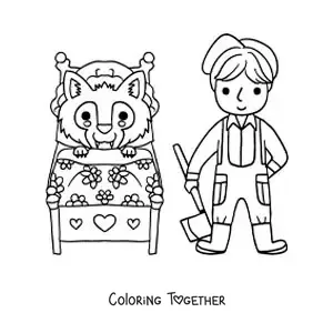 Coloring page of the big bad wolf in disguise and the woodcutter