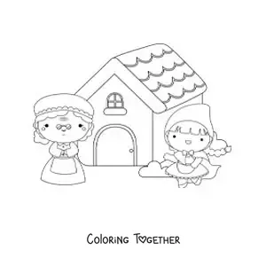 Coloring page of cartoon Little Red Riding Hood at grandmother's house