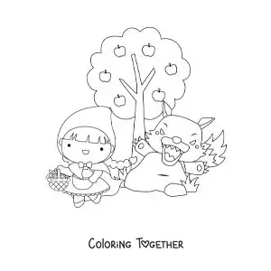 Coloring page of Little Red Riding Hood and the big bad wolf in the forest