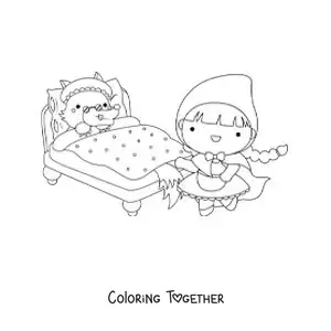 Coloring page of Little Red Riding Hood and the big bad wolf disguised as grandma