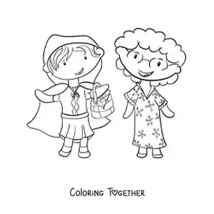 Coloring page of Little Red Riding Hood bringing flowers to her grandma