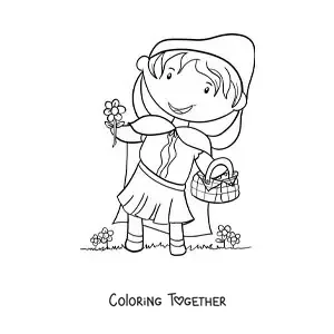 Coloring page of Little Red Riding Hood picking flowers in a basket