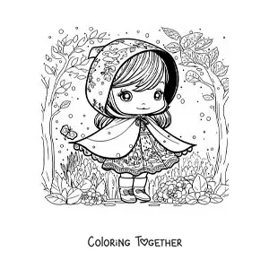 Coloring page of cartoon kawaii Little Red Riding Hood in the forest