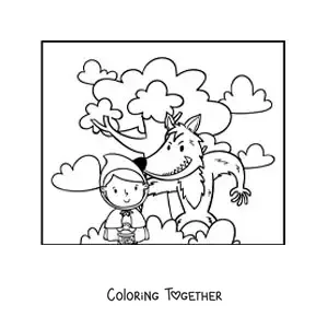 Coloring page of animated Little Red Riding Hood and the wolf in the forest