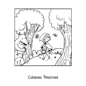 Coloring page of the big bad wolf chasing Little Red Riding Hood in the forest