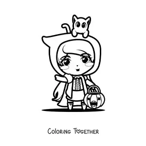 Coloring page of a kawaii Little Red Riding Hood Halloween costume