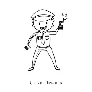 Coloring page of a cartoon police officer holding a radio