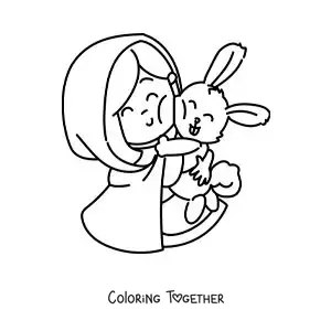 Coloring page of cartoon Little Red Riding Hood with a rabbit