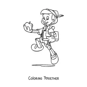 Coloring page of Pinocchio with a book and an apple