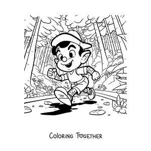 Coloring page of Pinocchio in the forest