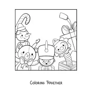 Coloring page of Pinocchio and Christmas toys