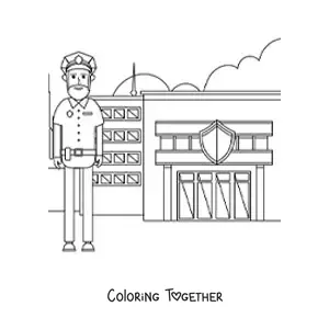 Coloring page of a police officer in front of the police station