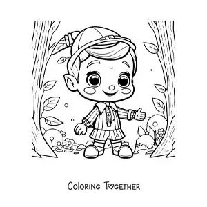 Coloring page of kawaii Pinocchio in the forest