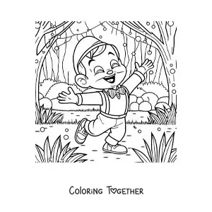 Coloring page of happy Pinocchio in the forest