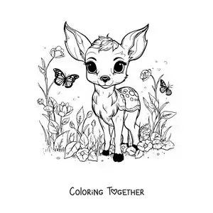 Coloring page of kawaii Bambi with butterflies