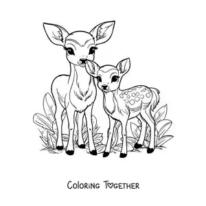 Coloring page of kawaii Bambi with his mom