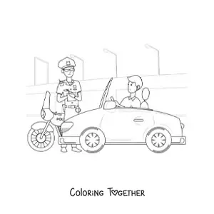 Coloring page of a traffic police officer fining a driver