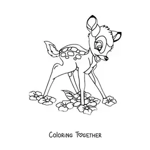 Coloring page of cartoon Bambi learning to walk among flowers