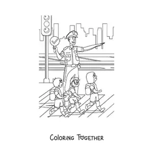 Coloring page of a traffic police officer helping kids cross the street