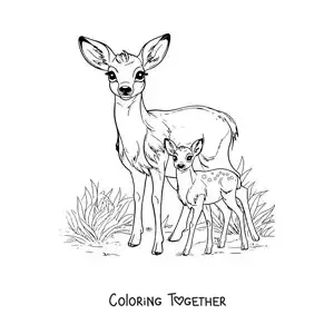 Coloring page of realistic Bambi and his mom